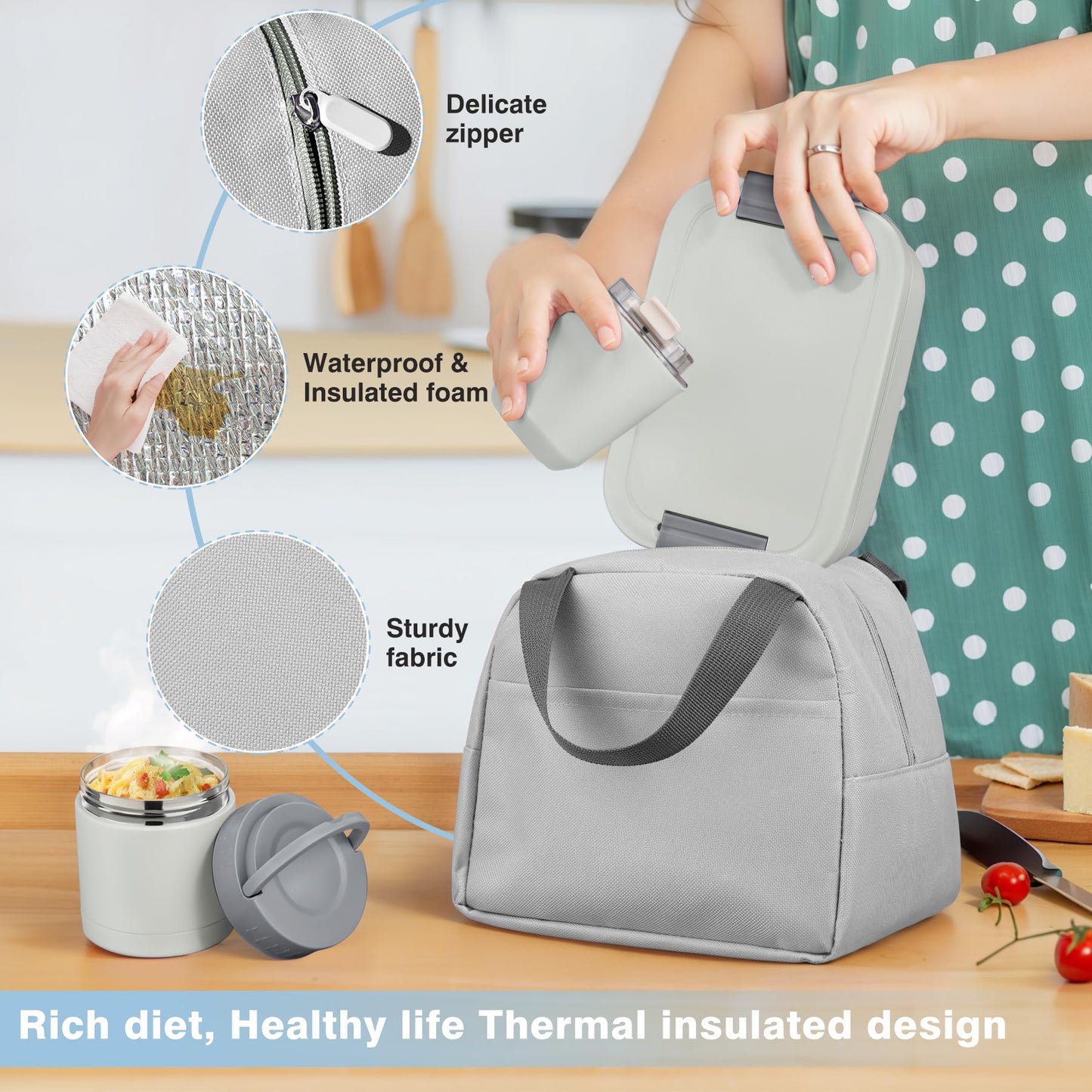 Bento Lunch Box Set with 10.5oz Soup Thermo Food Jar for Adults Kids, Stainless Steel Leak-proof Lunch Container with 4 Compartment, Coffee Tumbler with Lunch Bag for School Travel Office-Grey
