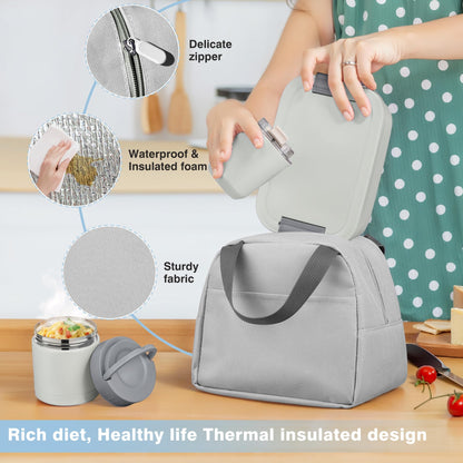 Bento Lunch Box Set with 10.5oz Soup Thermo Food Jar for Adults Kids, Stainless Steel Leak-proof Lunch Container with 4 Compartment, Coffee Tumbler with Lunch Bag for School Travel Office-Grey