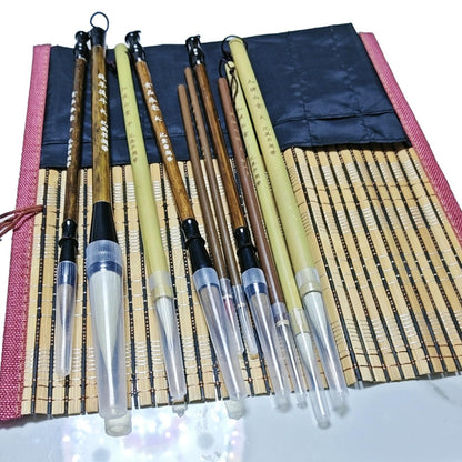 TIUSUTA 10-Piece Chinese Calligraphy Brush Set - Premium Writing Brushes for Beginners & Artists - with Roll-up Bamboo Brush Holder,Chinese Painting Brushes Set Flower Bird Line-Drawing Brushes
