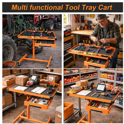 A A IN LT18 Heavy Duty Adjustable Work Table with Drawer for Mechanic,220lbs Capacity Rolling Tool Tray Table with Wheels Orange