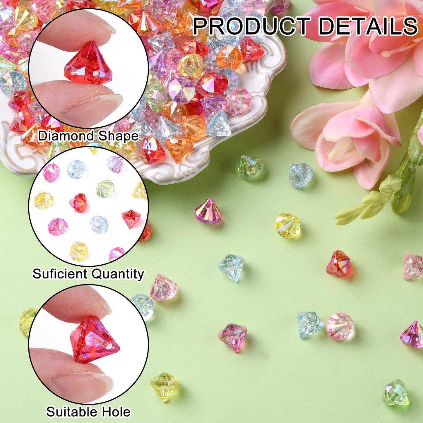 DanLingJewelry 900Pcs Random Color Faceted Acrylic Beads Diamond Shaped Loose Spacer Beads for DIY Bracelet Necklace Earring Crafting
