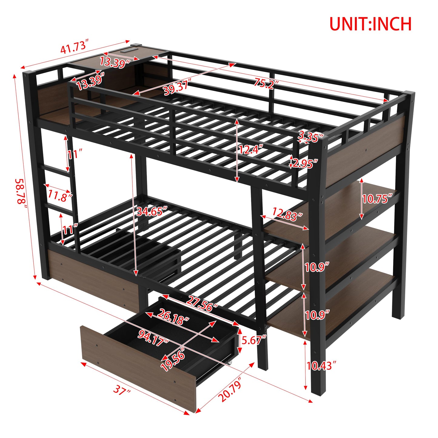 DNYN Modern Metal Bunk Bed Frame with Storage Shelves and USB Ports for Teens/Adults Bedroom, Space-Saving Twin Size Bed with LED Strip and 2 Drawers, No Box Spring Needed & Easy Assemble