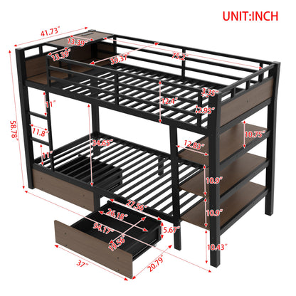 DNYN Modern Metal Bunk Bed Frame with Storage Shelves and USB Ports for Teens/Adults Bedroom, Space-Saving Twin Size Bed with LED Strip and 2 Drawers, No Box Spring Needed & Easy Assemble