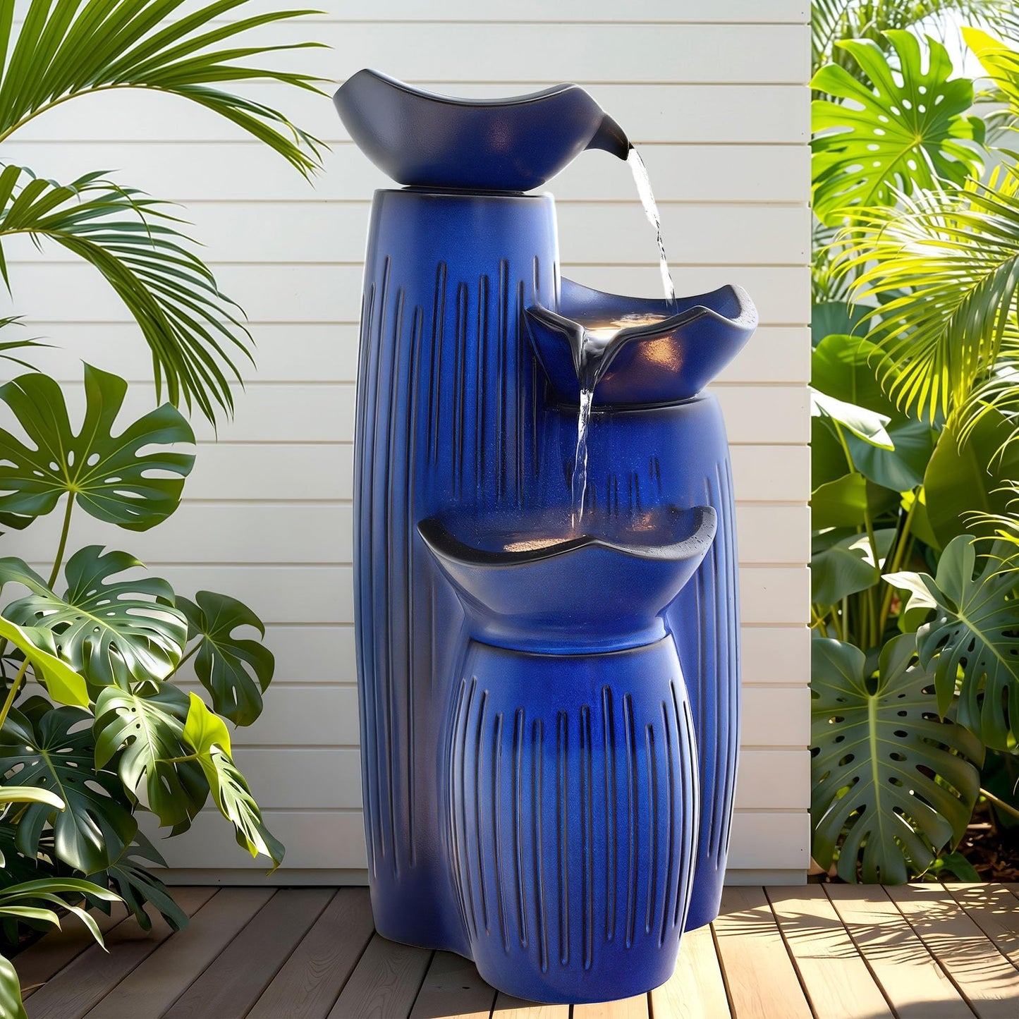 Autodaya Modern Ceramic Outdoor Water Fountain with LED Lights, 30" 3-Tier Geometric Pedestal Water Feature with Fluted Texture, Relaxing Cascading Waterfalls for Garden Lawn Patio Yard Art Decor