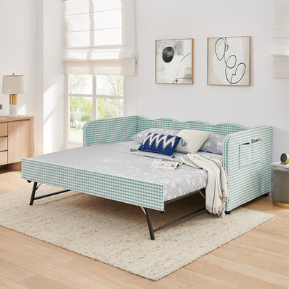 KEIKI Twin Size Upholstered Gingham Daybed with Trundle, Twin to King Design Adorable Wave Shaped Extendable Sofa Bed, Easy Assembly, No Box Spring Required, for Living Room & Bedroom, Cyan