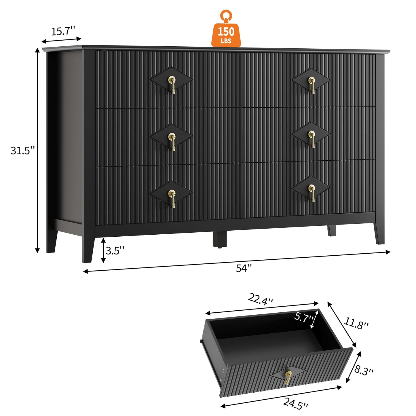 GarveeHome Fluted Dresser for Bedroom, 54 Inch Wide 6-Drawer Wood Dresser, Modern Chest of Drawers, Storage Organizer Cabinet for Living Room, Hallway, Entryway, Black
