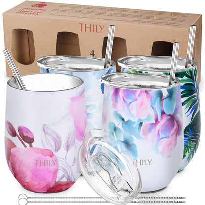 THILY Stainless Steel Stemless Wine Tumbler 4 Pack Vacuum Insulated Travel Wine Glasses with Sliding Lids and Straws, 12 oz, Keep Cold for Juice, Coffee, Beer, Flower Series