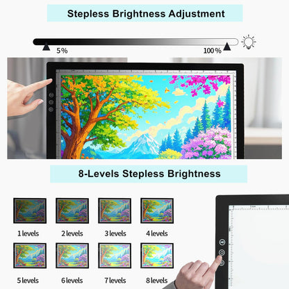 A3 Wireless Rechargeable Tracing Light Pad, 3-Colors & 8-Level Adjustable Brightness, 2500mAh Battery Powered Ultra-Thin Light Board with Foldable Stand for Diamond Art Painting