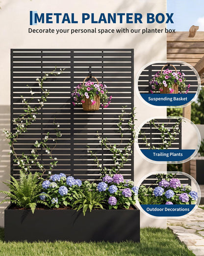 Metal Planter Box with Trellis, 71" H x 44" W x 16" D, Outdoor Raised Garden Bed with Privacy Screen & Drainage Holes, All-Weather Patio Planter for Climbing Plants, Vegetable, Vines, Louvered