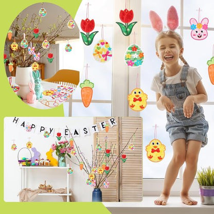 Feifeiya 24 Pack Easter Suncatcher Craft Kit - DIY Window Art for Bunny, Carrot & Egg Decorations