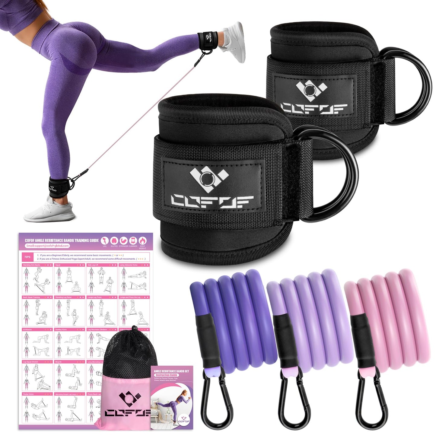 Ankle Resistance Bands With Cuffs for Working Out, Kickbacks, Hip, Leg and Glute Exercise - Training Poster Included - for Women
