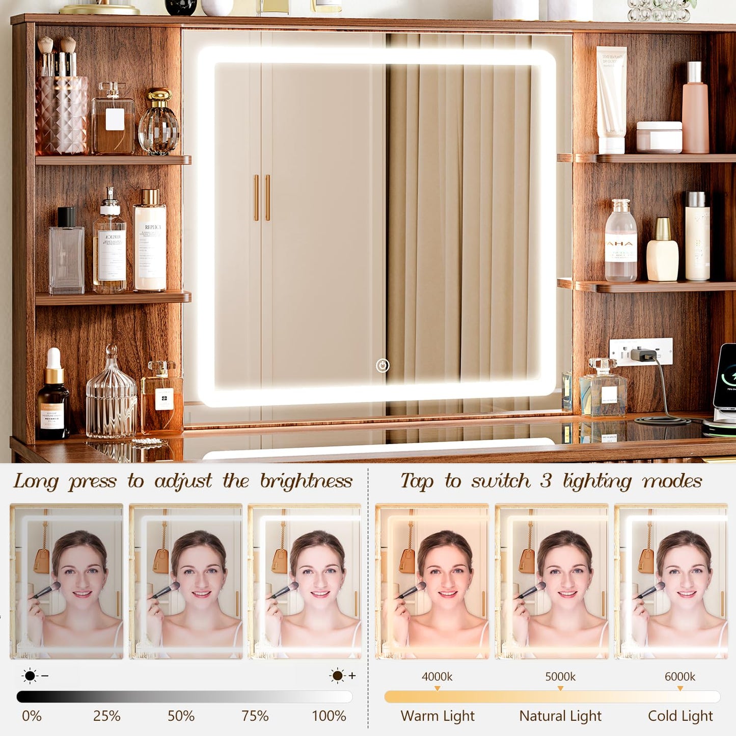 Vanity Desk with Large 27.2" Mirror and Lights 47.2" Fluted Makeup, 5 Drawer Vanity with Power Strip, 4 Open Shelves, 2 Cabinet, Modern Bedroom Vanity Featuring Visual Transparent Glass. Brown