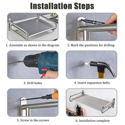 NAWESRVA Stainless Steel Microwave Wall Mount Shelf with 6 Hooks - 66 lbs Capacity, 21x15 Inches, Easy Install, Space-Saving Organizer for Home and Kitchen