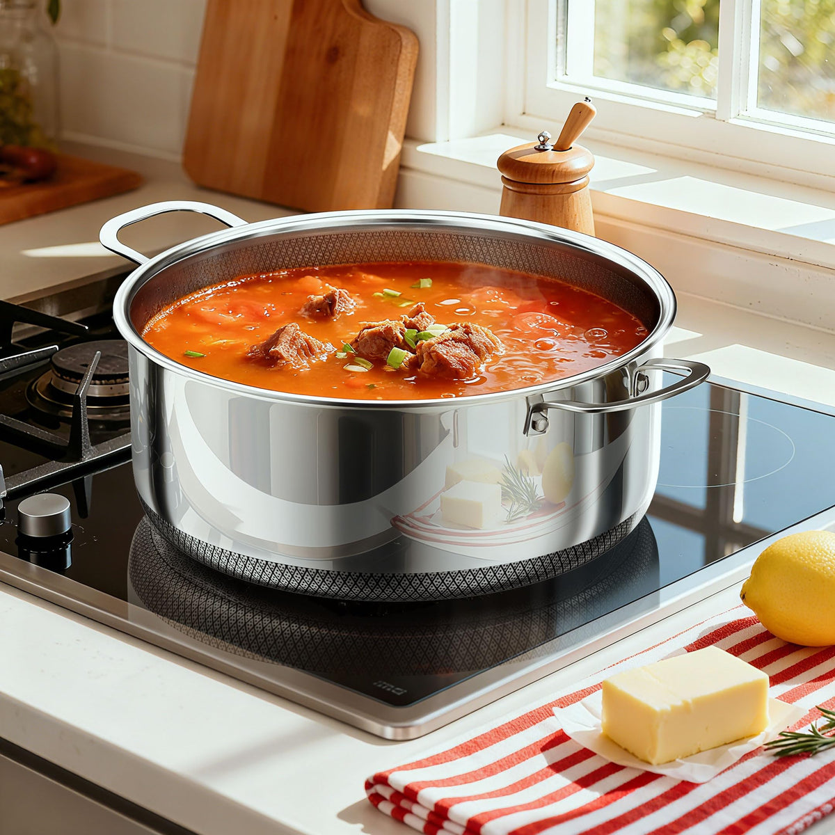 6 QT Stainless Steel Stock Pot with Lid, 10-inch Sauce Pan Induction Cookware, PFOA Free 5-Ply Simmer Pot with Non Stick Coating, Dual Ear Handles Cooking Pot Oven & Dishwasher Safe Easy to Clean