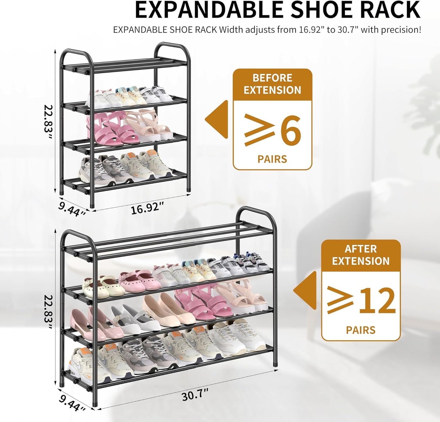 Hleelomi 4-Tier Closet,Living Expandable Shoe Rack for EntrywayAdjustable Metal Shoe Organizer for Room,Dorm,Black