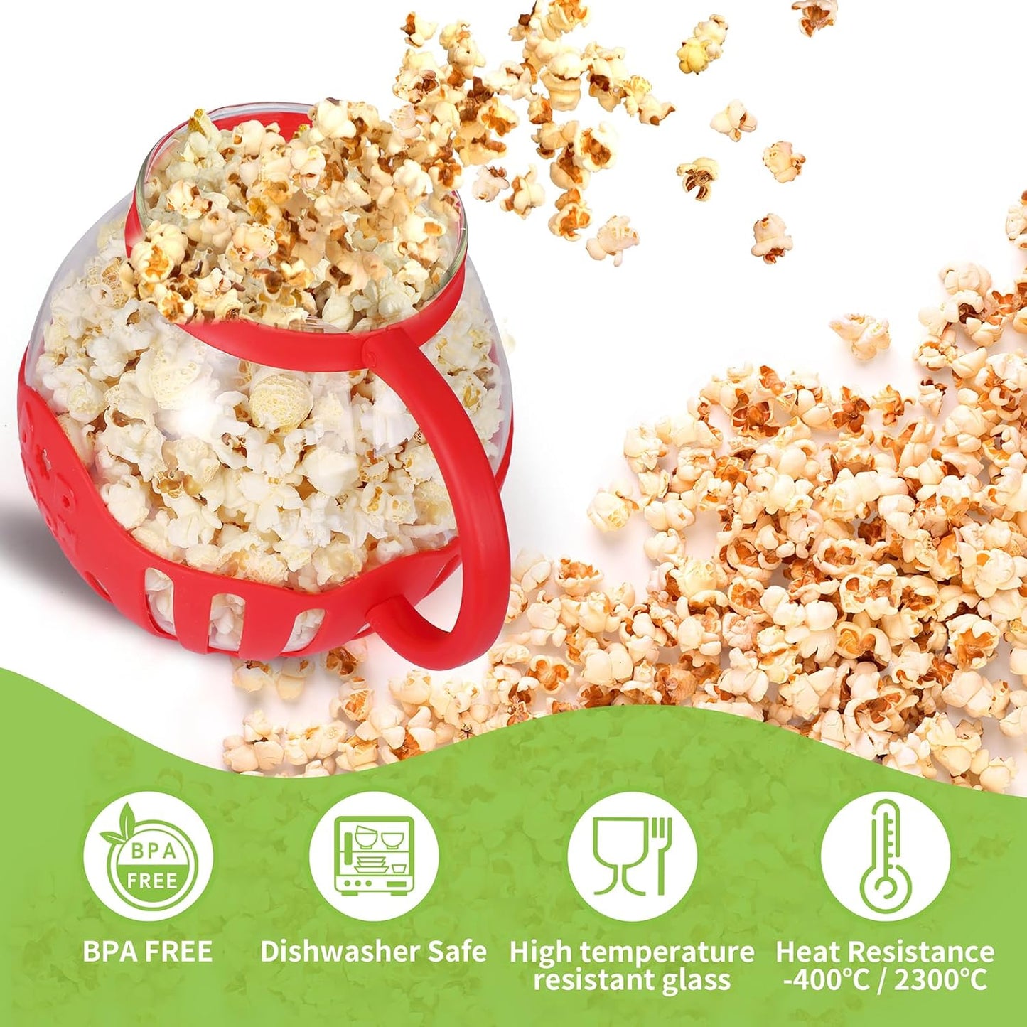 MMUGOOLER Glass Microwave Popcorn Popper, 2.25QT Original Popcorn Jar with Silicone Lid, BPA Free