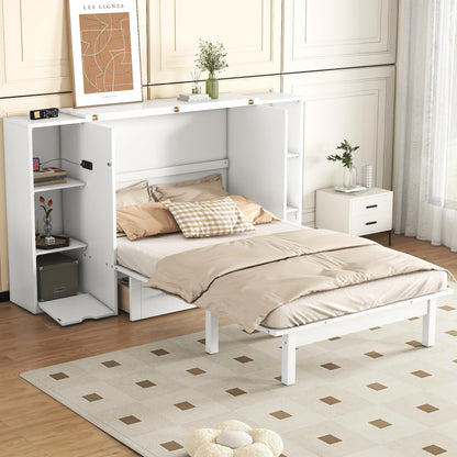 Merax Murphy Bed Queen Size Cabinet with Storage 2 Drawers 6-Layer Shelves and USB Ports, Wood Versatile Platform Bed Frame