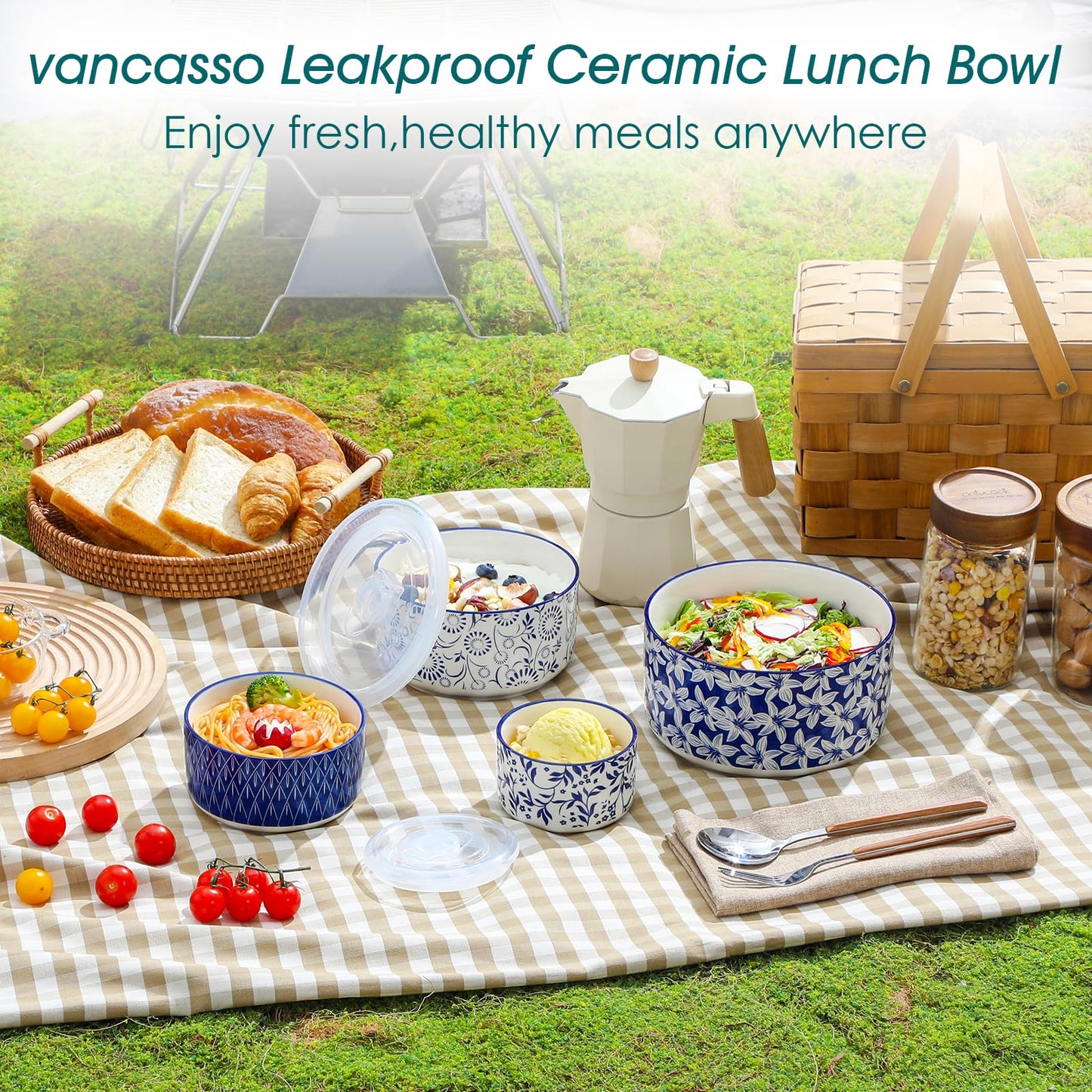 vancasso Ceramic Nesting Bowls with Lids Set of 4, Serving Bowls for Food Storage, Prep Bowl, Ceramic Bowl for Kitchen, Microwave & Dishwasher Safe, 60+36+20+10 Oz, Series SELENE
