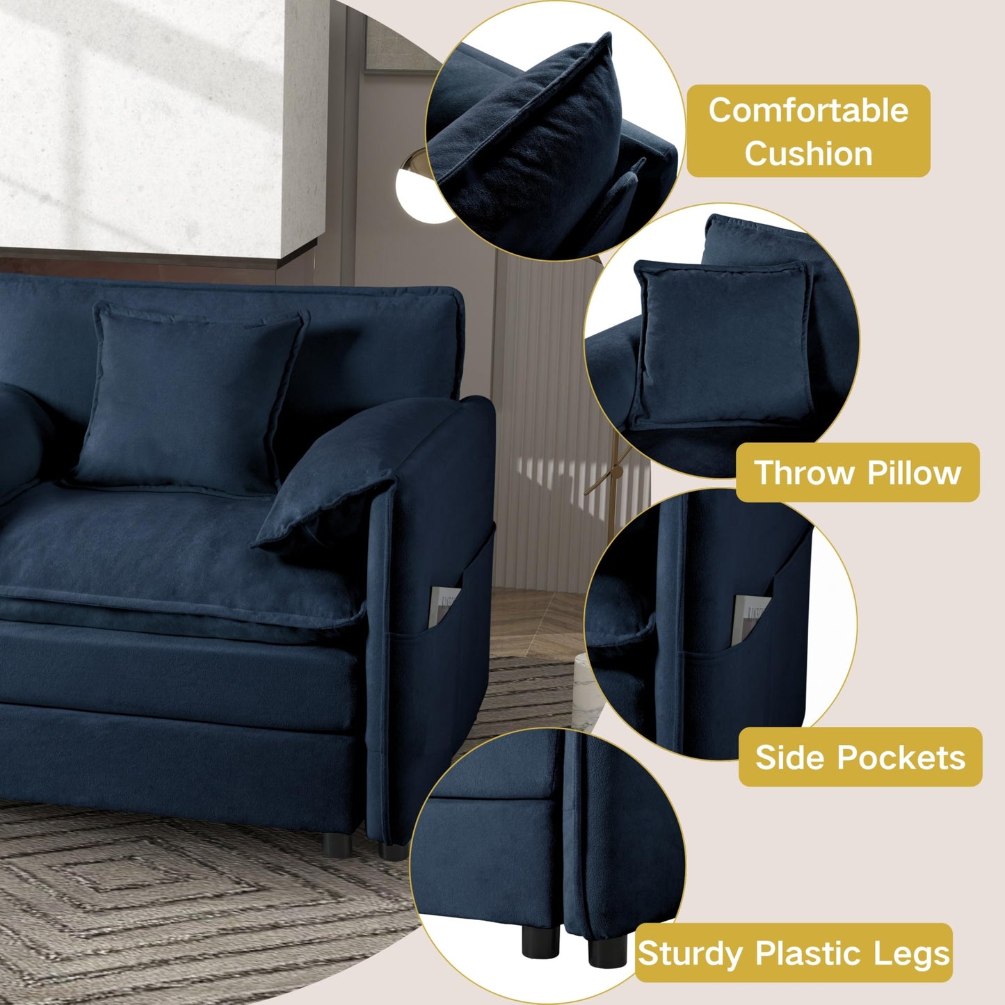 KEIKI Oversized Accent Chair Set of 2, Chenille Deep Seat Single Sofa Chairs with Side Pockets, Modern Upholstered Armchair for Bedroom, Living Room, Apartment, Blue