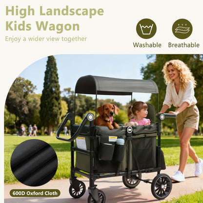 Kinder King Wagon Stroller for 2 Kids, All-Terrain Foldable Outdoor Stroller Wagon 2 Seater, Removable Canopy, Adjustable Handle, Shock-Absorbing Wheel, Detachable Tray, Large Storage, Green
