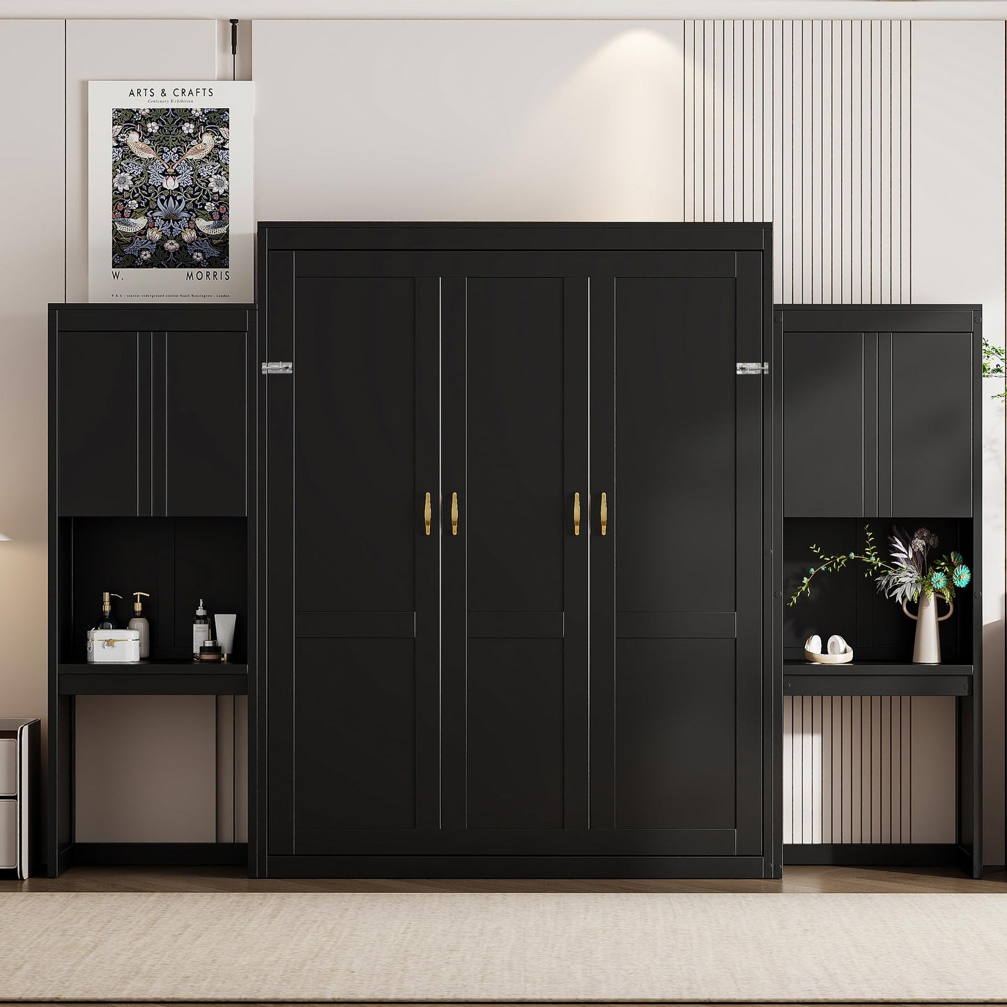 Ball & Cast Murphy Bed Queen Bed Frame with Headboard,Hideaway Bedframe w/Vanity and Cabinets,Wood Wall Cabinet,Slat Support,can be Folded,No Box Spring Needed,for Small Room,Espresso