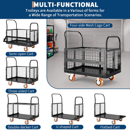Platform Truck Cart with Cage, Multipurpose 6 in1 Foldable Flatbed Cart Heavy Duty Push Cart Dolly w/Swivel Wheels 1800Lbs Capacity Utility Hand Cart for Grocery, Laundry, Garage, Warehouse