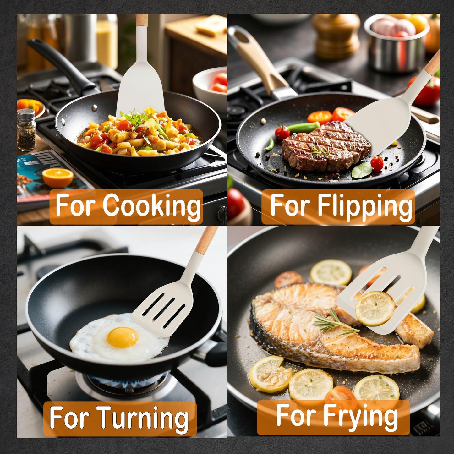 Set of 2 Silicone Spatula Turner for Nonstick Cookware, 600°F Heat Resistant Solid Slotted Kitchen Spatula Set with Wooden Handle, Cooking Utensils Set for Egg, Pancake, Fish, Burger