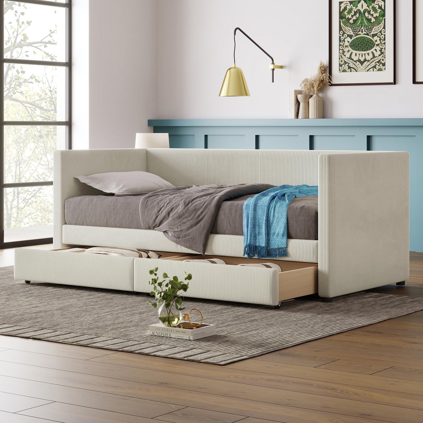 Merax Twin Size Corduroy Daybed with Two Drawers and Wood Slat,Sofa Bed Frame for Bedroom,Teens,Beige