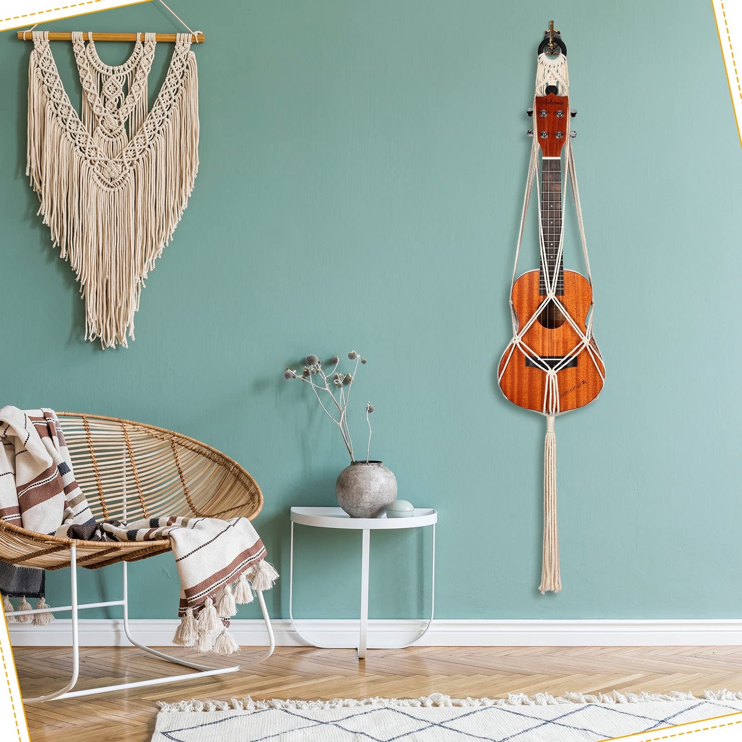 3 Pieces Macrame Ukulele Hanger Wall Mount, 21 to 24 Inches Boho Hanging Stand Holder for Soprano Case, Wall Decor Alternative Kit, Black Ring and Wooden Bead