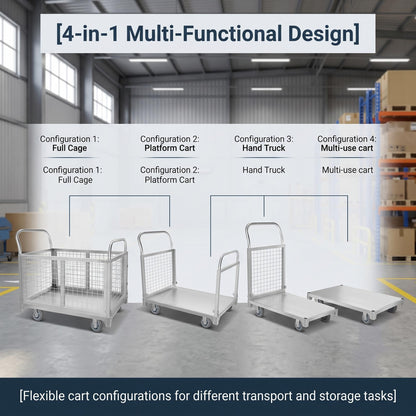 2200 LBS 4-in-1 Cart, Platform Truck Cart with maidian, 360° Direction Wheel Platform cart, Rust Resistant Steel Cage, for Grocery Store, Garage & Warehouse use