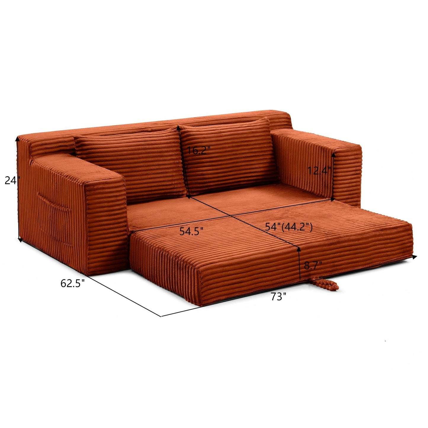 Zyerch 73" Convertible Sofa Bed, 2 in 1 Corduroy Folding Couch with Pillows, No Assembly Boneless Compression Sofa in Box, Loveseat with Side Storage Pocket for Apartment, Living Room, Orange