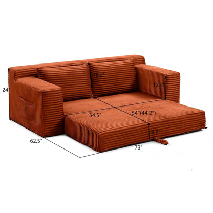 Zyerch 73" Convertible Sofa Bed, 2 in 1 Corduroy Folding Couch with Pillows, No Assembly Boneless Compression Sofa in Box, Loveseat with Side Storage Pocket for Apartment, Living Room, Orange