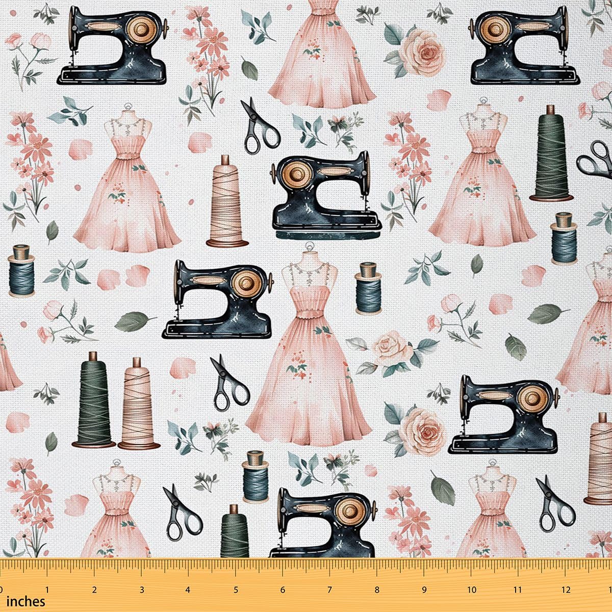 Castle Fairy Sewing Fabric by The Yard,Sewing Machine Spools Soft Flannel Polyester No Stretch Fabric,Botanical Flowers Decorative Fabrics,Black Pink Crafts & Sewing Supplies,1 Yard,36" Lx59 W