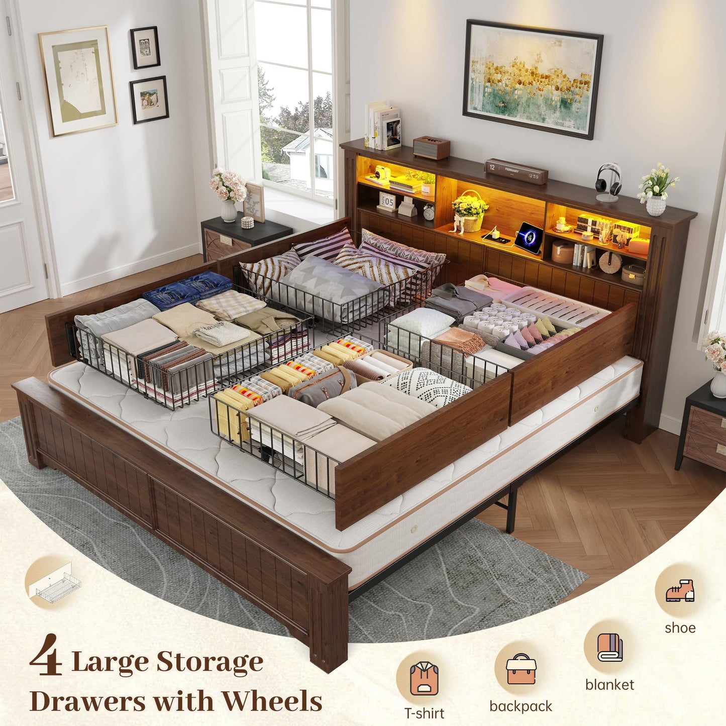 EnHomee King Size Bed Frame with 4 Storage Drawers and Headboard,LED Lights & Charging Ports,No Box Spring Needed for Big House,Noise-Free,Wooden,Brown