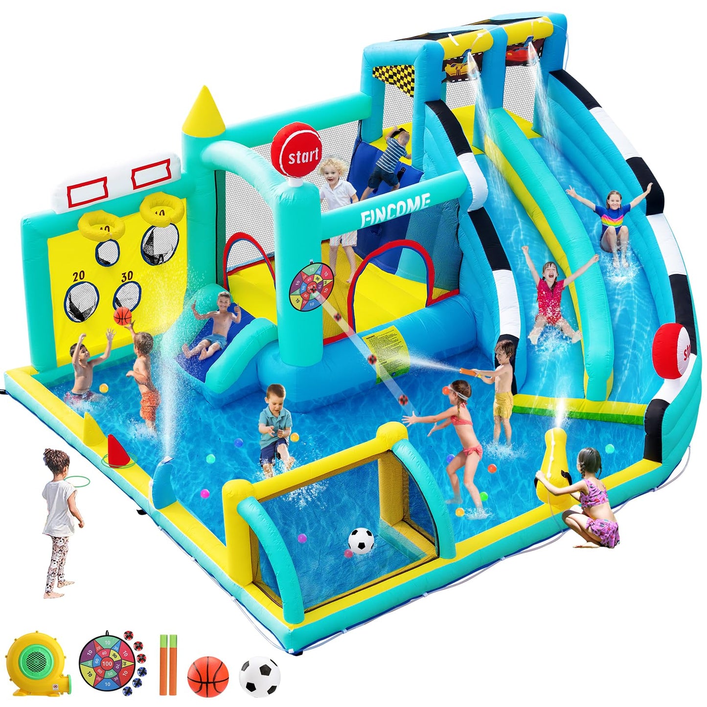 FINCOME Bounce House Double Slides for Kids 3-10, Large Bounce Castle with Air Blower 550W, Pool, Jumping, Climbing, Balls, Ring Toss, Inflatable Water Park for Birthday Party Holiday Outdoor Indoor