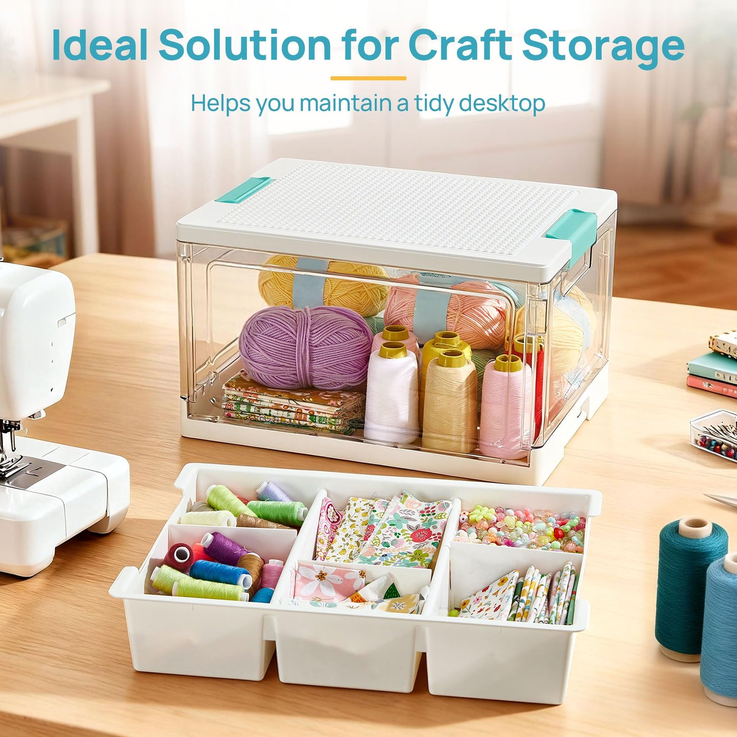Vtopmart 24 QT Plastic Storage Box with Building Baseplate Lid and Removable Tray,Craft Organizer and Storage for Art Supplies, Beads and Sewing,1 Pack