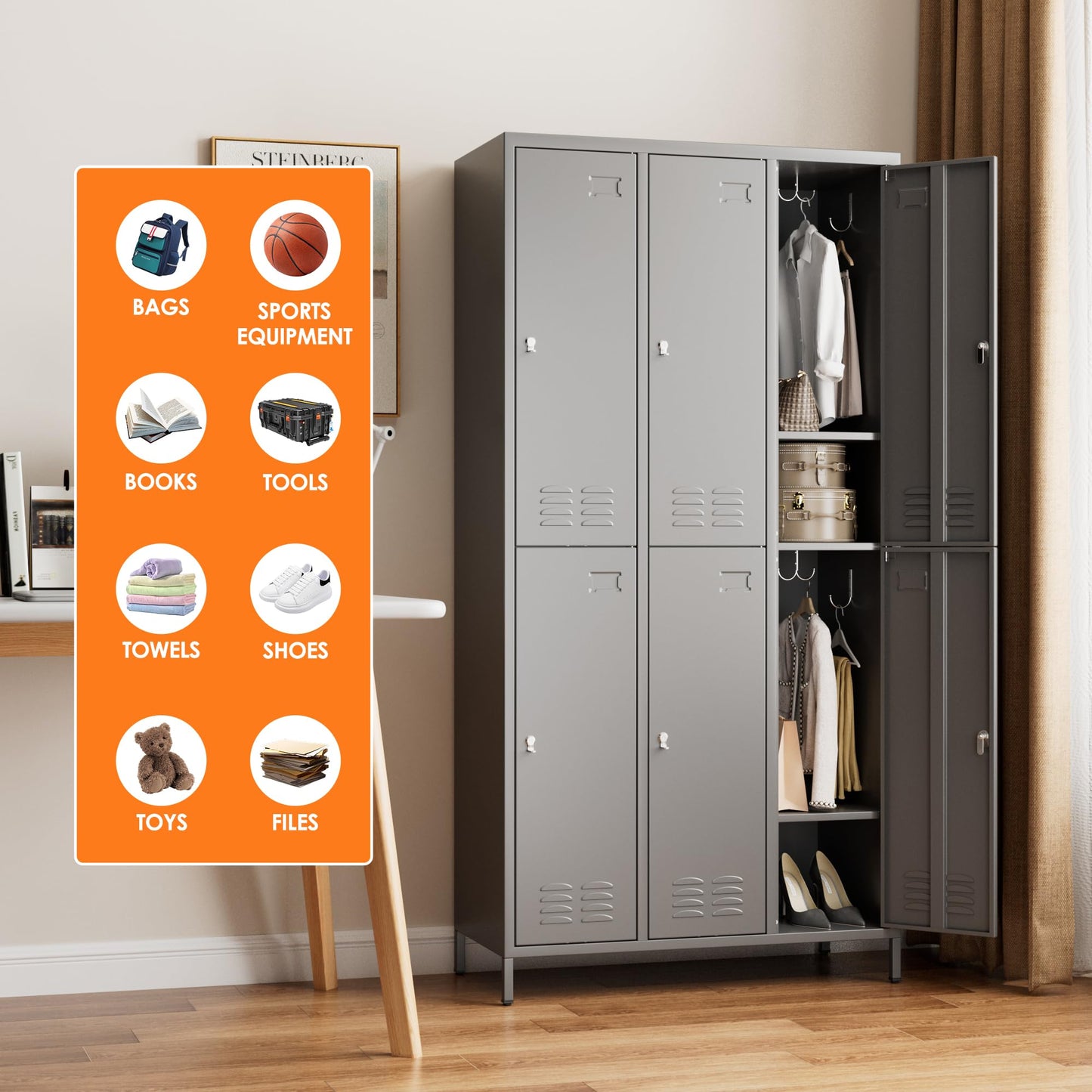 Aobabo Metal Locker for Employees, 6 Doors Metal Locker Cabinet with Lock, Industrial Storage with 18 Hooks, Storage for Office, Gym, Dormitory, Assembly Required, Dark Grey