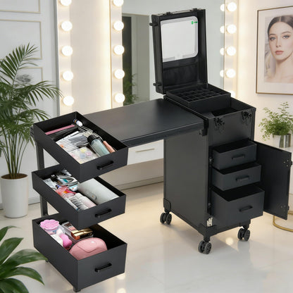 ZhenGuiRu Portable Manicure Table with 3 Drawers, Rolling Foldable Nail Desk with Detachable Mirror, Professional Makeup Train Case with Wheels and TSA Lock for Nail Techs & Salon Use