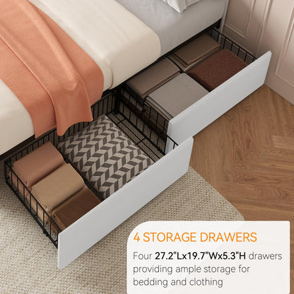 IDEALHOUSE King Size Bed Frame with 4 Storage Drawers and Headboard, Faux Leather Upholstered Platform Bed Frame with Wooden Slats Support, Button Tufted Design, No Box Spring Needed, White