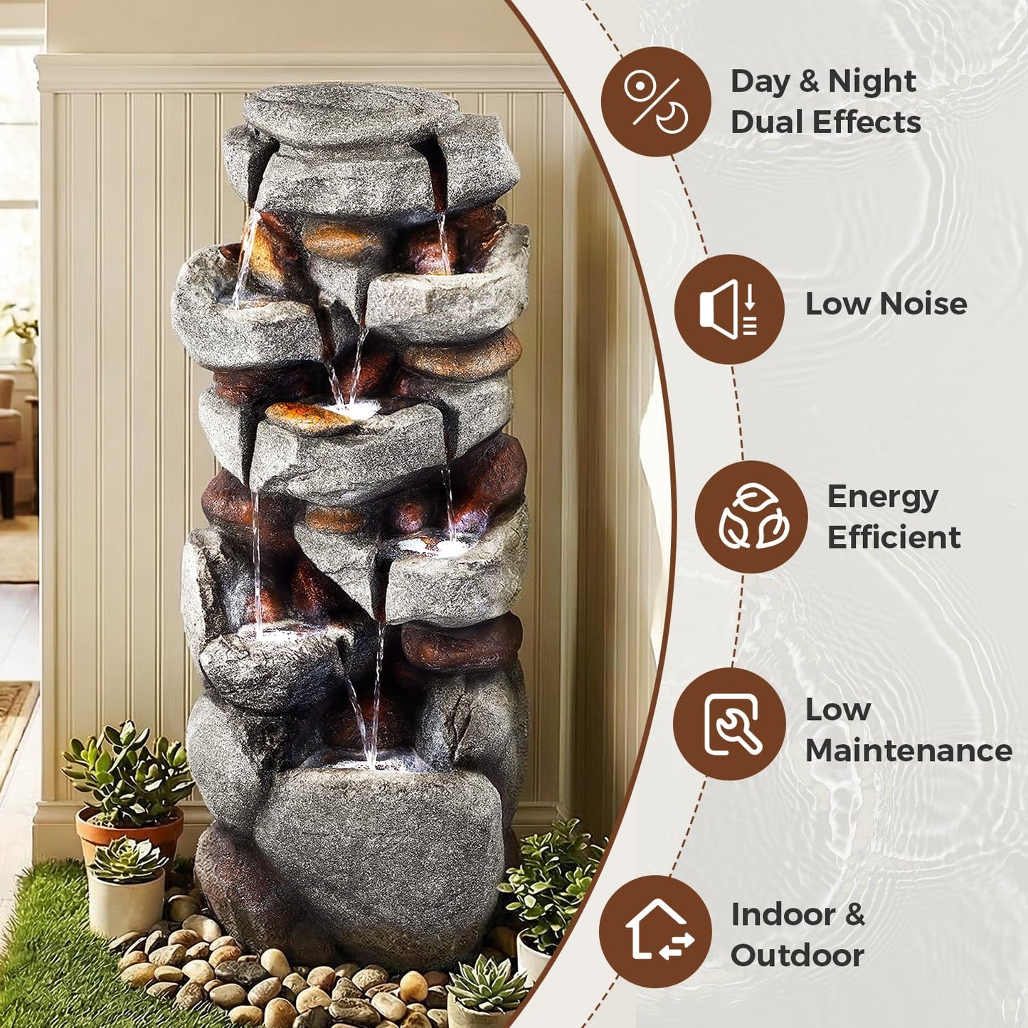 40" H Outdoor Water Fountain, Cascading Rock Waterfall Fountain with 6 White LED Lights, 7-Tiers Large Water Feature for Outdoor, Garden Water Fountain for Patio, Yark, Deck, Porch, Home Decor