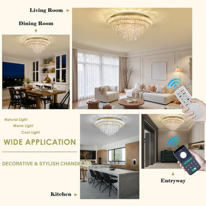 24 inch Flush Mount Crystal Chandelierse with Remote and APP Gold, Modern Elegant LED Crystal Raindrop Ceiling Light Fixtur, 3CCT Dimmable, for Living Room Kitchen Island Bedroom Entryway Foyer