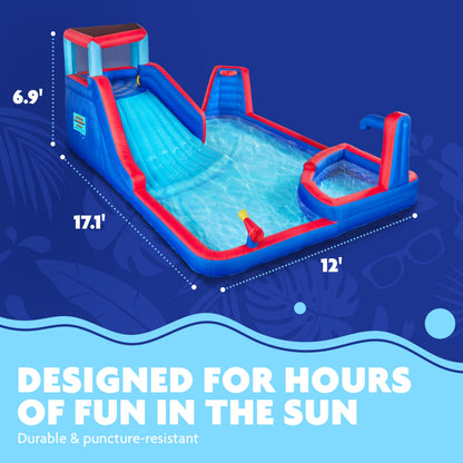 Sunny & Fun Four Corner Inflatable Water Slide Park – Heavy-Duty for Outdoor Fun - Climbing Wall, Slide & Deep Pool – Easy to Set Up & Inflate with Included Air Pump & Carrying Case