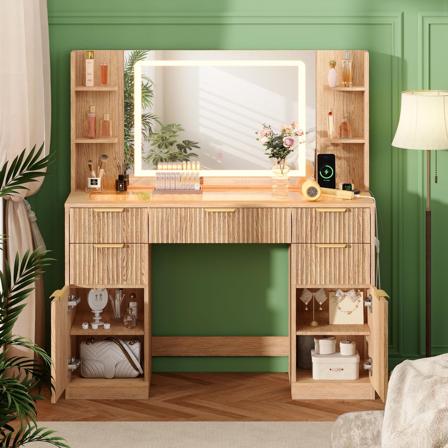 Fkhouse Fluted Vanity Desk with 30.2" Mirror and Lights, Glass Top Makeup Vanity with Desktop Light Strips, 5 Drawers, 2 Cabinet & 6 Open Shelves, Power Outlet, Lighting Adjustable,Natural