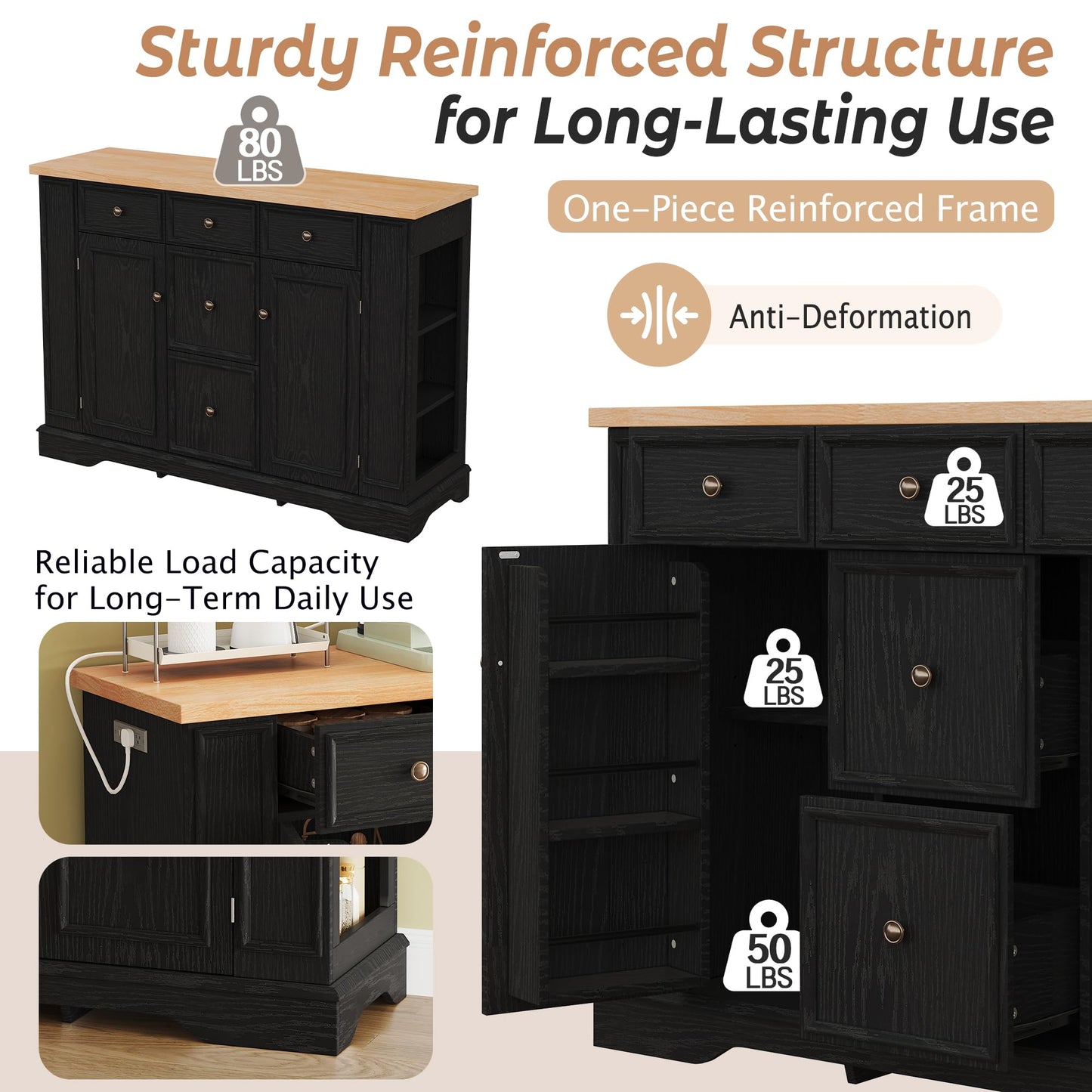Merax Sideboard Buffet Cabinet with Storage, 51.2" Kitchen Console Table with 5 Drawers and 2 Cabinets, Adjustable Shelves Buffet Server for Dining Room, Living Room, Entryway, Black