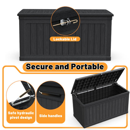 230 Gal Weatherproof Deck Box Large Outdoor Storage Organizer, Double Wall Resin Storage Chest for Patio Furniture, Cushions & Tools, Waterproof, Lockable, Bench Style Table (440lbs Capacity, Black)