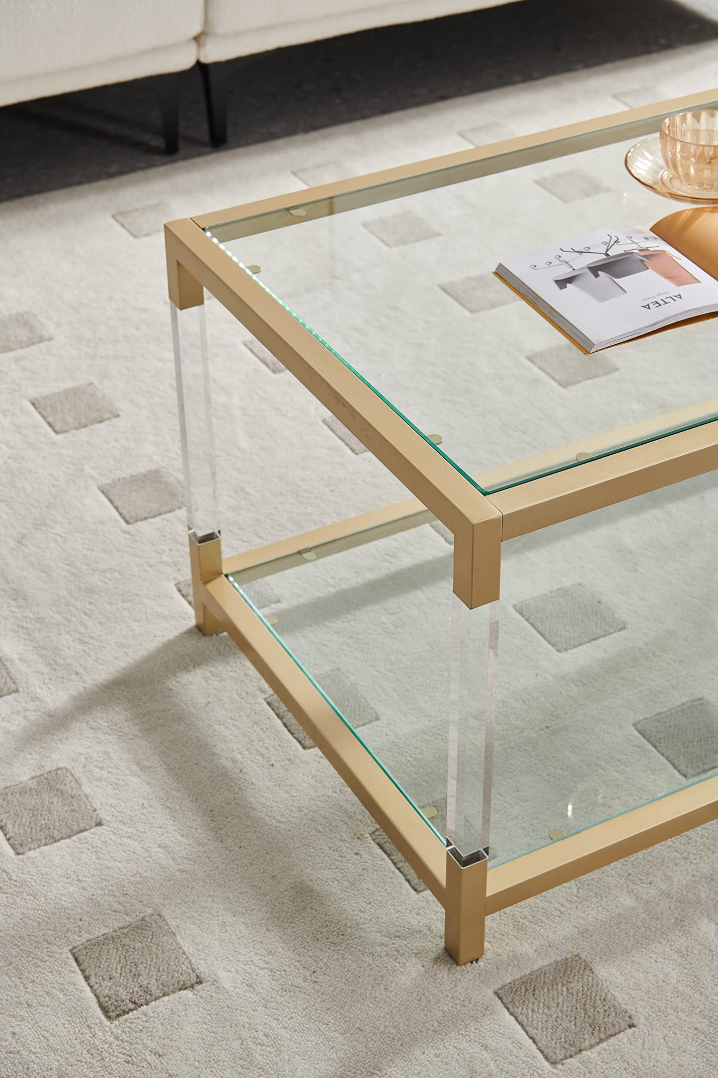 AGV LIGHTING 202205 BLEVIO Coffee Table, Modern Design Dual-Layer Coffee Table, Perfect for Living Space, Ultra-Clear Glass Top, Transparent Acrylic Leg & Gold Finish Metal Frame