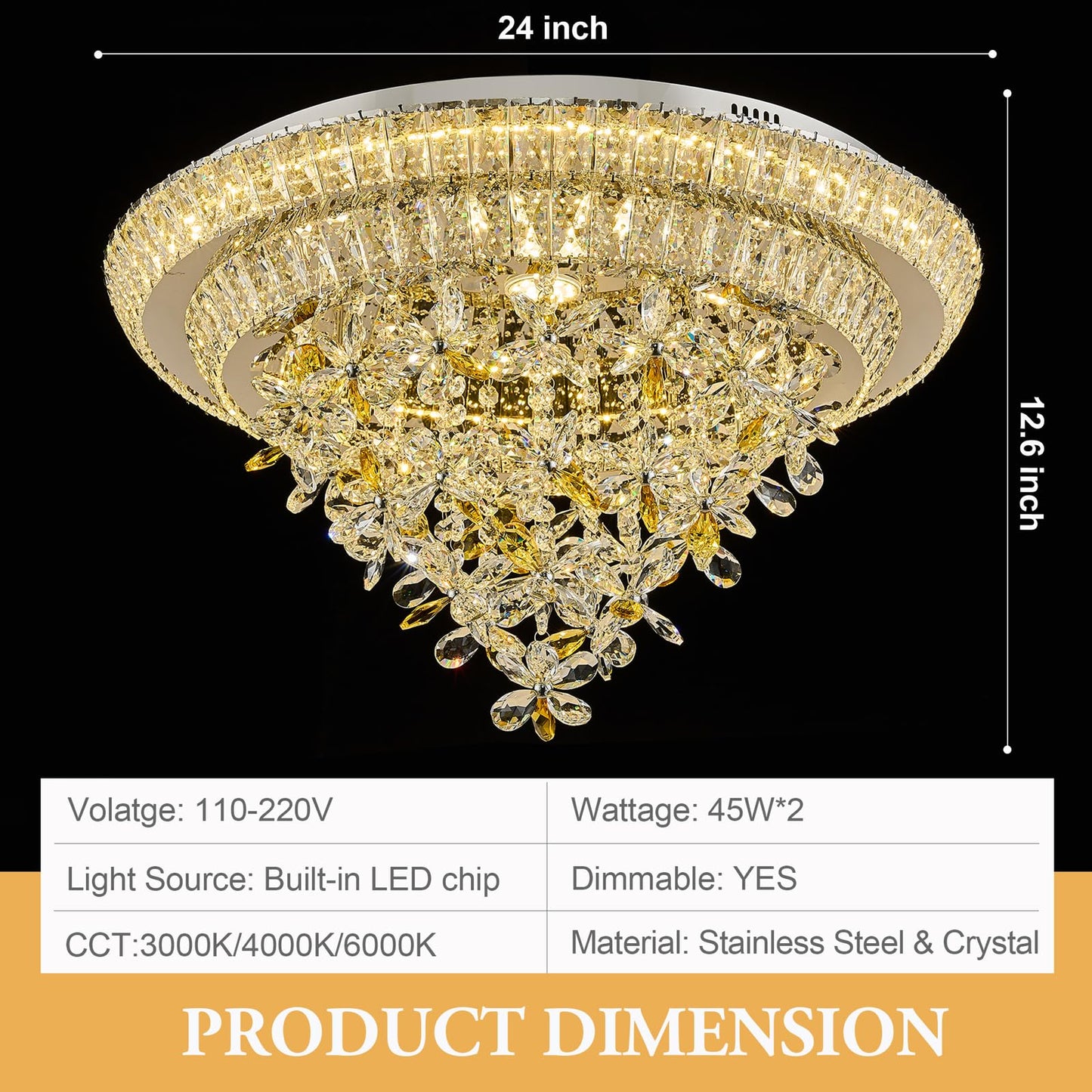 24 inch Sliver LED Crystal Ceiling Light, Flush Mount Chandeliers with Remote and APP Control, 3CCT Dimmable, Modern Elegant Raindrop Chandelier Light Fixture for Bedroom Dining Room Living Room Foyer