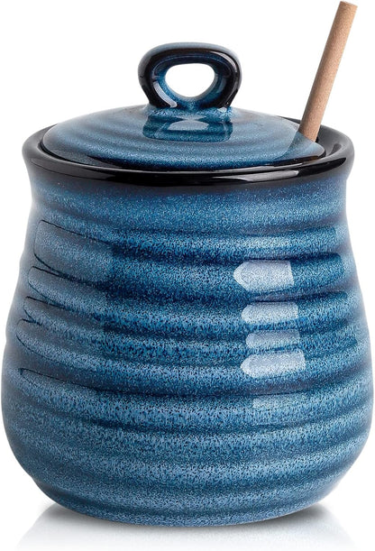 12 Set, HASENSE Ceramic Honey Pot with Lid, Ounce HoneyJar with Wooden Dipper, Honey Dipper Stick and Jar Cute Small