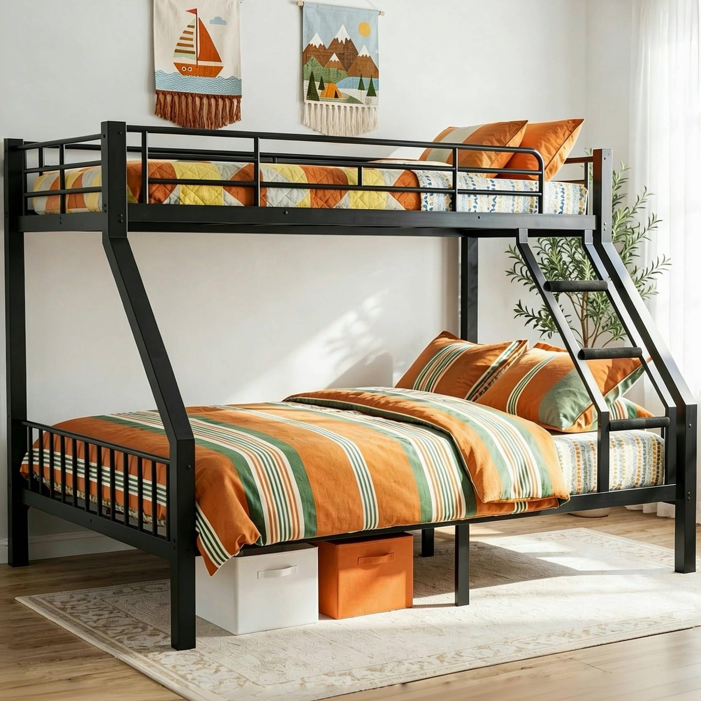 Mixcous Twin XL Over Queen Bunk Bed for Adults, Heavy Duty Metal Bunk Beds with Safety Guardrails & EVA Padded Ladder, Twin XL Over Queen Bunk Beds Frame with Noise-Free Slats, Space-Saving(Black)