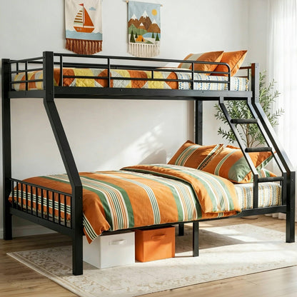 Mixcous Twin XL Over Queen Bunk Bed for Adults, Heavy Duty Metal Bunk Beds with Safety Guardrails & EVA Padded Ladder, Twin XL Over Queen Bunk Beds Frame with Noise-Free Slats, Space-Saving(Black)